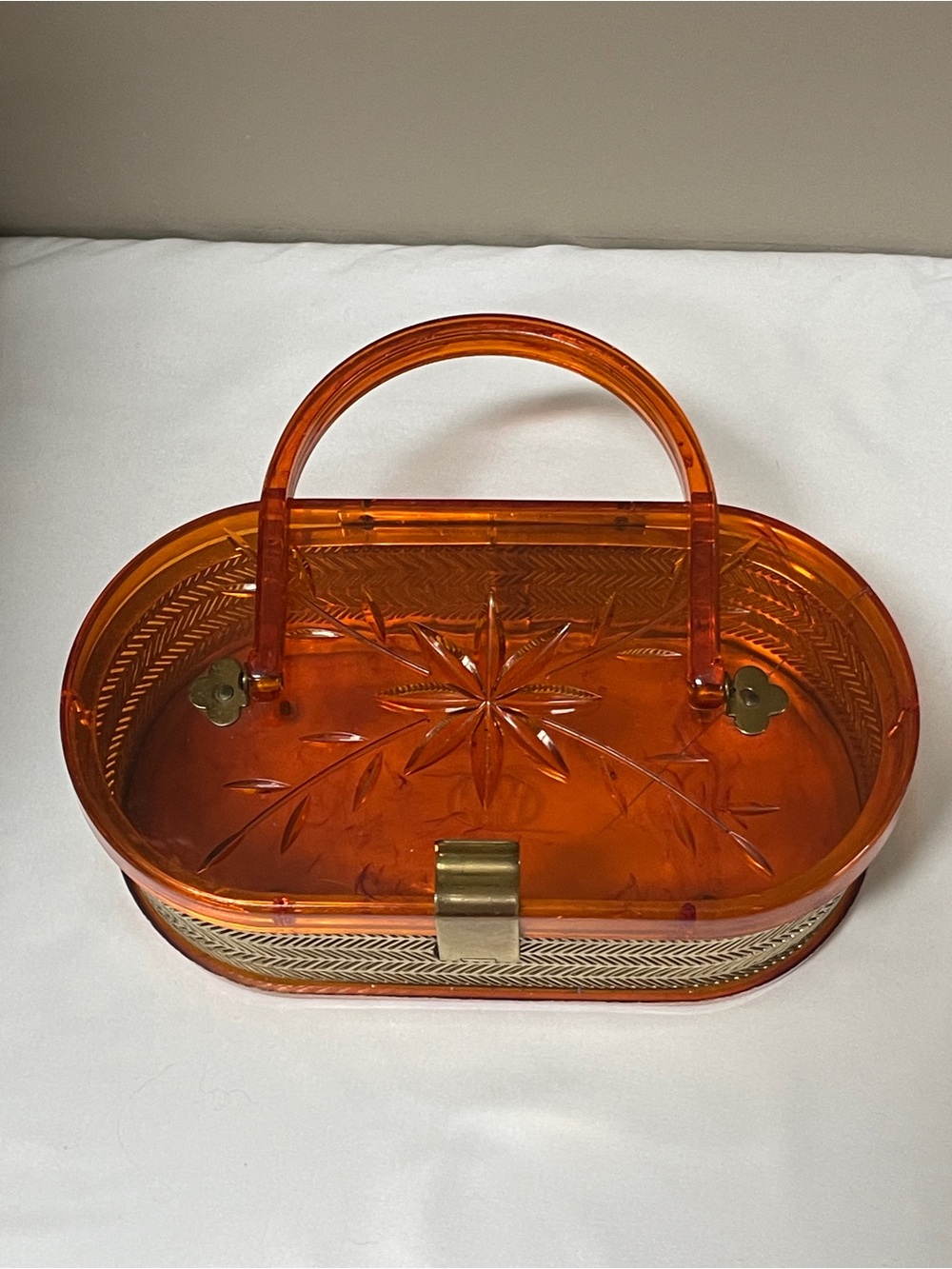 Vintage Amber Lucite Basket Handbag with Brass Accent